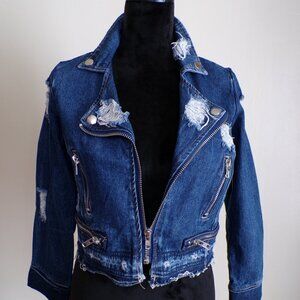 Women’s Distressed Cropped Denim Moto Jacket – Zip Front – Blue – Size [M]